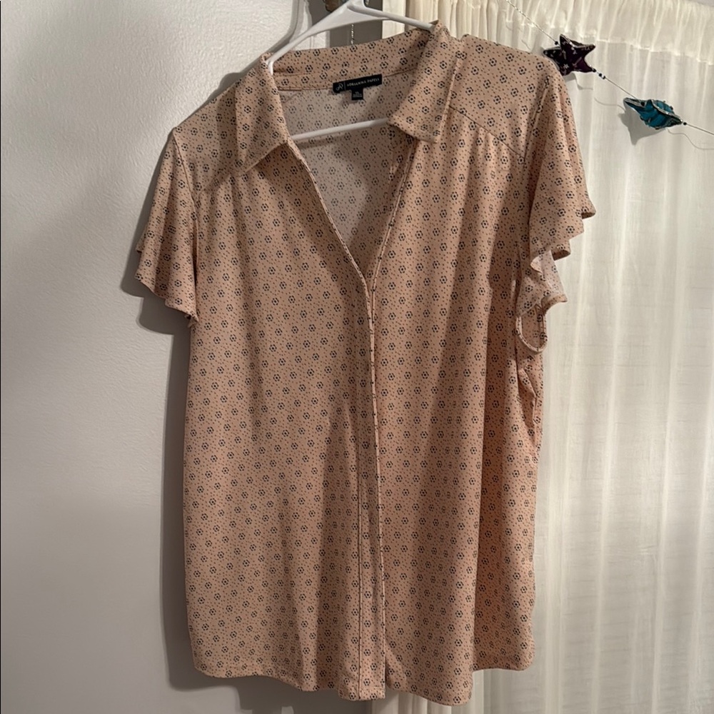 Adrianna Papell Orange Tan Flutter Sleeve Button Down Shirt
